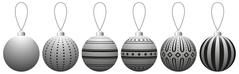 Collection of gray glass Christmas balls with pattern hanging on a thread. Vector EPS 10