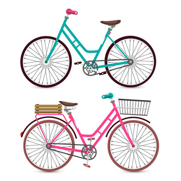 Bicycle Icon. Vector Bike Symbol. Pink and Blue Retro Bicycles Set Isolated on White Background.
