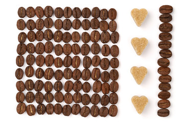 Geometric roasted coffee beans pattern with brown sugar in shape of heart on white background