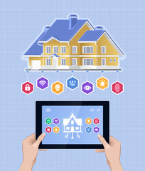 Smart Home Control via Mobile App. Holding by a woman's hands tablet PC below the project of a modern house. Illustration on the subject of 'Modern Technologies'.