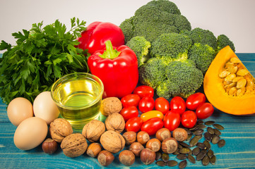 Healthy food, dieting concept. Assortment of high vitamin E sources.