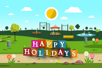 Happy Holidays Design with Empty Playground on Park on Background