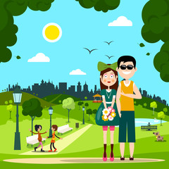 Man and Woman - Couple in Love in City Park Vector Illustration.