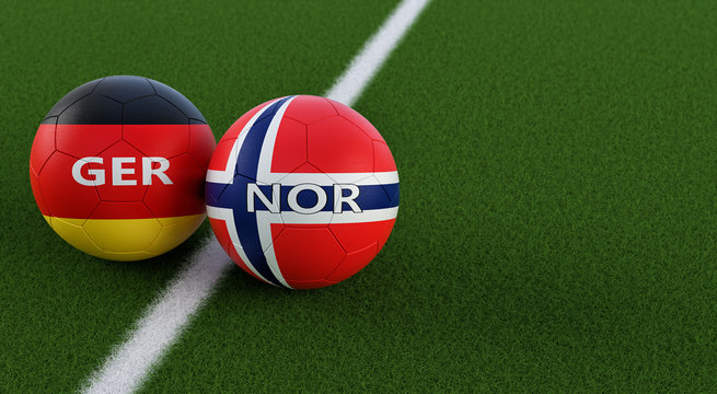 Germany vs. Norway Soccer Match - Soccer balls in Germany and Norway national colors on a soccer field. Copy space on the right side - 3D Rendering 