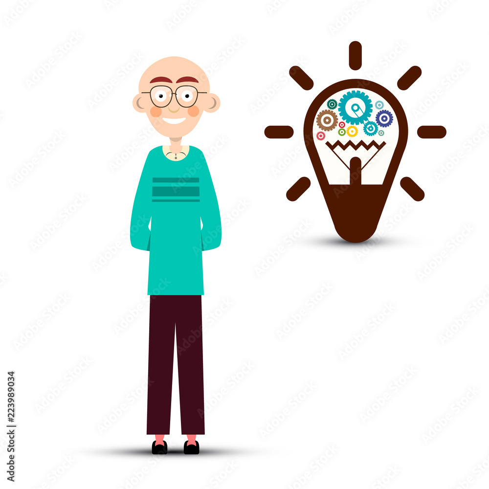 Poster man with cogs inside bulb. vector idea symbol vector illustration isolated on white background.