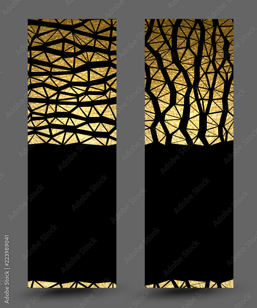 Aufkleber set of banners with gold texture vertical and horizontal abstract decoration on the black background.