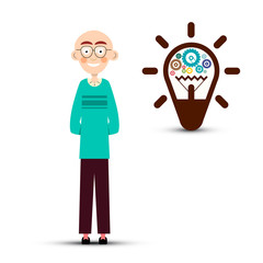 Man with Cogs Inside Bulb. Vector Idea Symbol Vector Illustration Isolated on White Background.