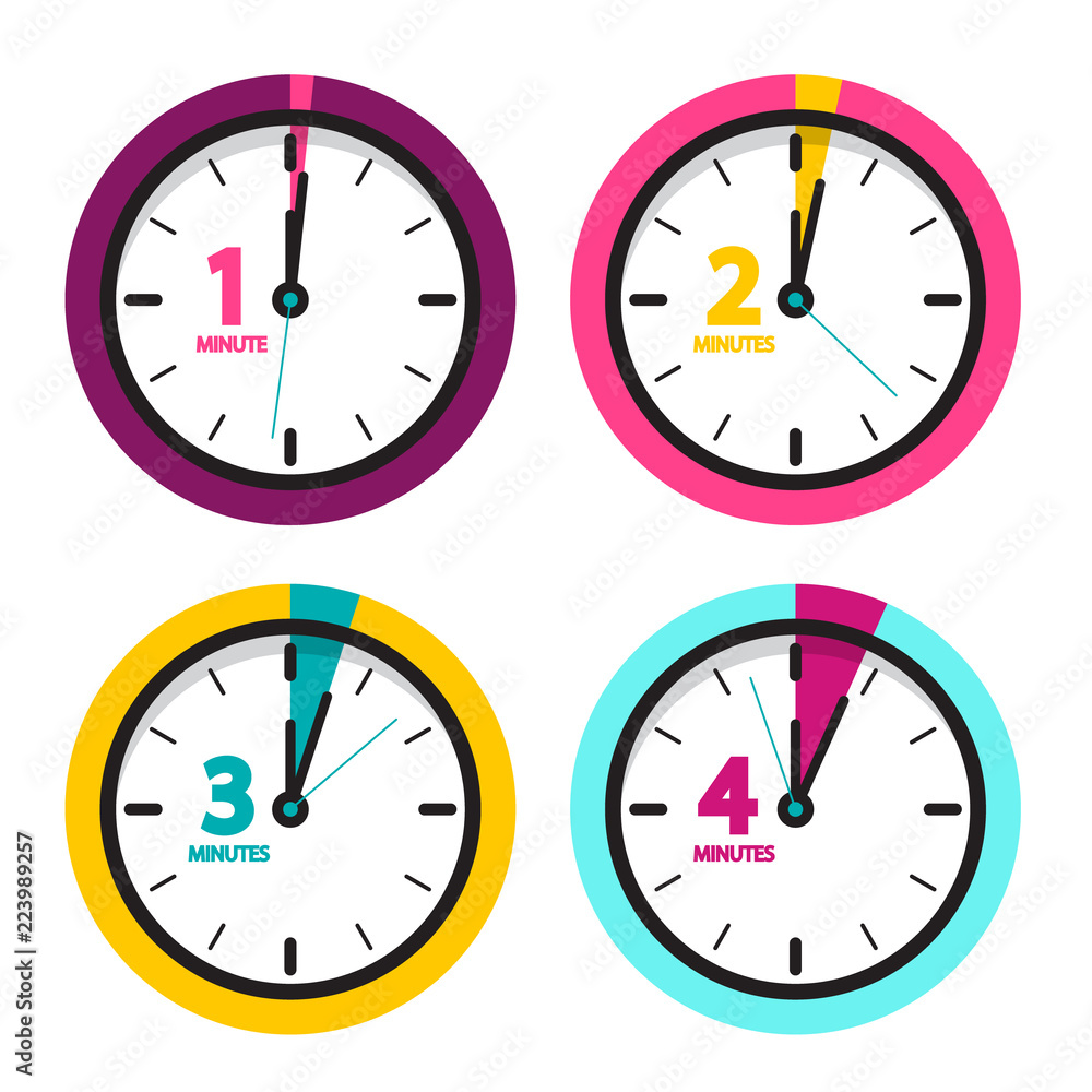 Poster 1 2 3 4 minutes clock. vector time icons set isolated on white background.