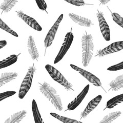 Pencil drawing seamless pattern with bird feathers