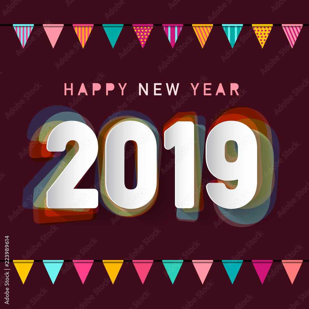 Poster 2019 Happy New Year Vector Greeting Card Design with Flags