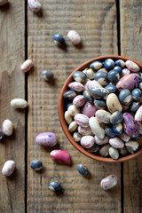 Assortment of young legumes and beans of different varieties and colors in a clay bowl. Raw food. Healthy diet concept. Selective focus