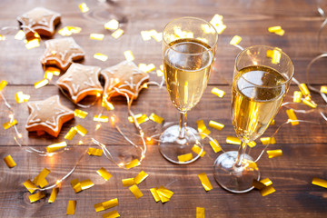 Wood christmas background with champagne