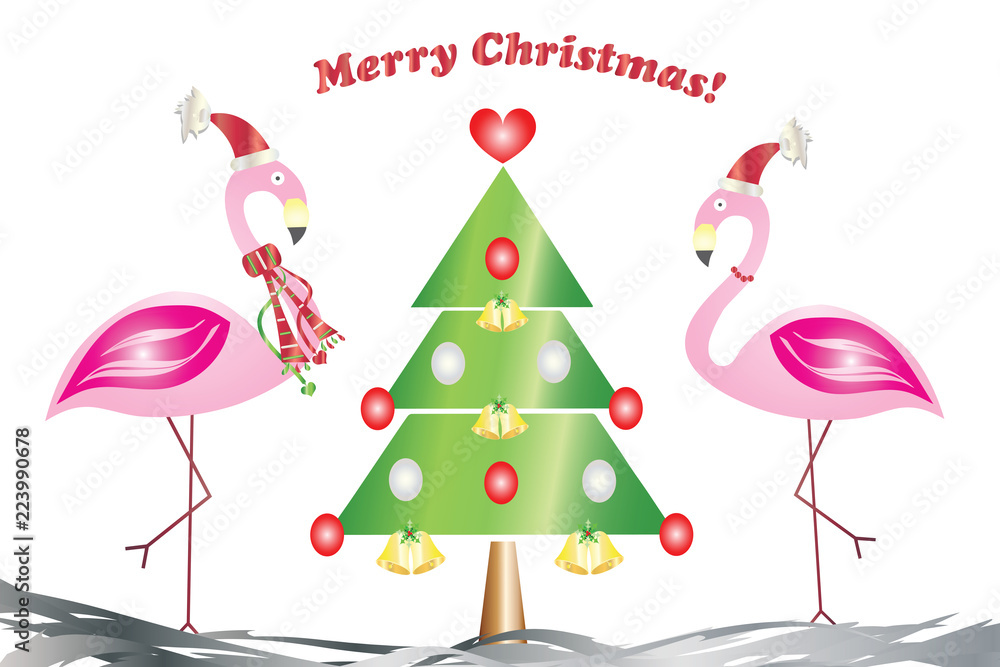 Wall mural merry christmas card - two flamingos in love with the christmas tree vector - greeting card 