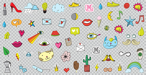 Big Set of Patches Elements like Flower, Heart, Crown, Cloud, Lips, Mail, Diamond, Eyes. Hand Drawn Vector. Cute Fashionable Stickers Collection. Doodle Pop art Sketch Badges and Pins.