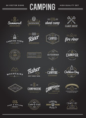 Set of Vector Camping Camp Elements With Fictitious Names and Outdoor Activity Icons Illustration can be used as Logo or Icon in premium quality