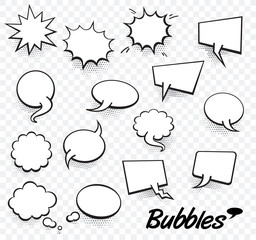 Set of blank template in Pop Art style. Vector Comic Text Speech Bubble Halftone Dot Background. Empty Cloud of Comics book dialog Space for Cartoon Box pop-art.