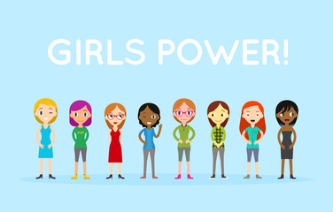 International Diverse and interracial group of standing women. Girls power concept, feminine and feminism ideas, woman empowerment and role cards design.