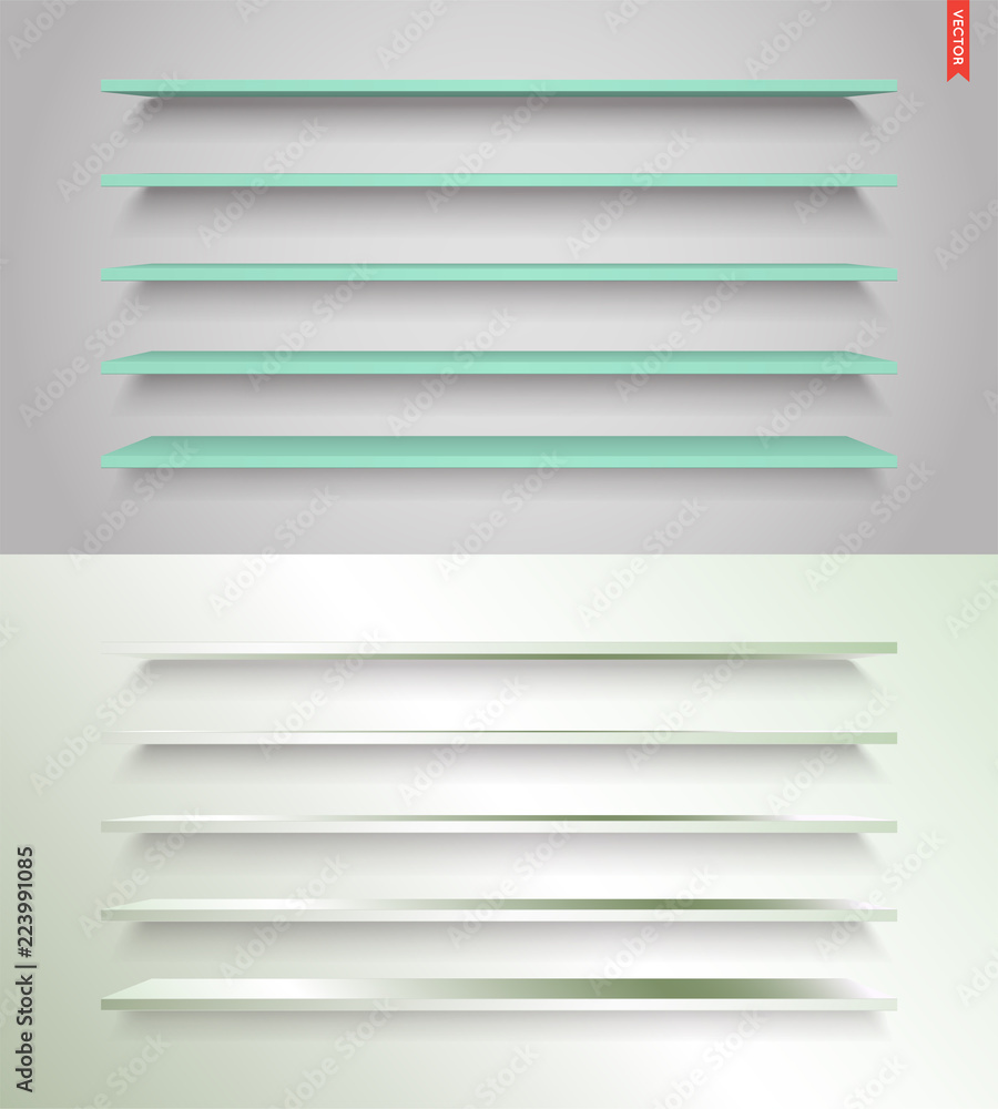 Wall mural set of glass, wood, plastic, metal long shelves in vector isolated on the wall background