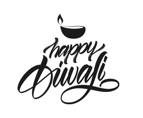 Handwritten elegant calligraphic type lettering of Happy Diwali with lamp on white background. Vector illustration.