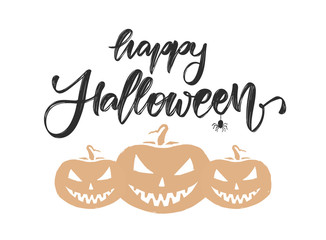 Fototapeta premium Vector Illustration: Handwritten brush type lettering of Happy Halloween. Greeting card with pumpkins