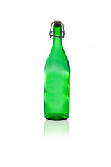 Empty green wine bottle isolated and its reflection on white background