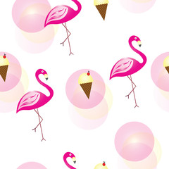 seamless pattern with flamingos, ice cream and abstract circles vector - summer pattern