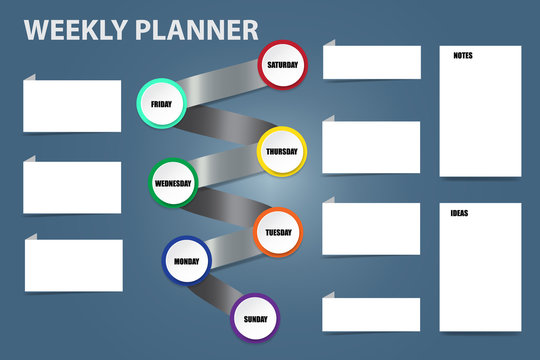 Weekly planner of metal spiral showing seven days and empty white notes ready for your text. - Powered by Adobe