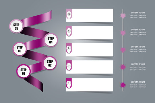 Infographic presentation of purple metal spiral showing five steps of process, five empty white notes ready for your text and timeline for five steps of process. 