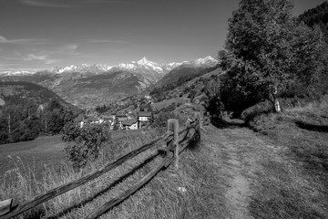 When walking near the Rhone Valley in the canton of Valais in Switzerland, beautiful views can be experienced on multiple mountain ranges. Many are above 4000 meters like the Bishorn and Weisshorn.