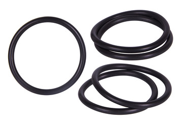Black hydraulic and pneumatic o-ring seals isolated on white background. Rubber rings. Sealing...