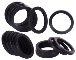 Set of black gaskets isolaled on white background. Oil seals for hydraulic cylinders for Industrial on white background. Oil Seals chemical resistant for Industrial