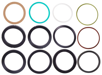 Set of different gaskets isolaled on white background. Oil seals for hydraulic cylinders for Industrial on white background. Various Oil Seals chemical resistant for Industrial 