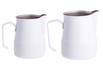 White Metal pitcher for coffee making. Barista tool. Milk pitcher. Set  of pithers. Isolated