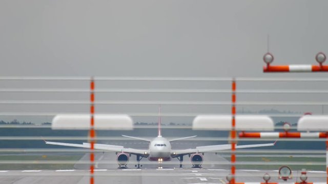 Widebody airplane braking after landing