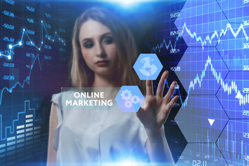 The concept of business, technology, the Internet and the network. A young entrepreneur working on a virtual screen of the future and sees the inscription: Online marketing