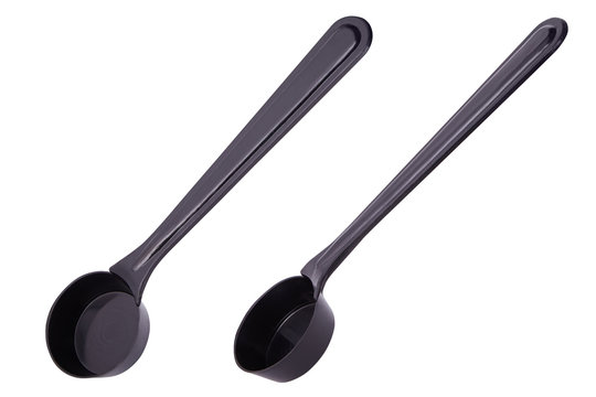 Black Plastic Measuring Coffee Spoon, Scoop For Portion Control When Using Dried Chocolate Powders, Frappe Mix, Milkshake Powder And Ground Coffees.  Coffee Accessories Isolated On White Background. 