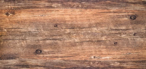 Foto op Canvas Ruwe houtstructuur achtergrond, verweerde bruine geknoopte tafel met natuurpatroon © scaliger