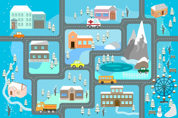 Obraz na płótnie Canvas Winter сartoon map seamless pattern (roads, cars and houses). City map for children. Snowy city landscape, car track - play mat. 