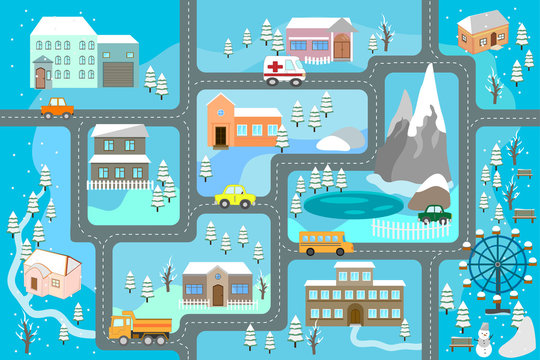 Winter сartoon map seamless pattern (roads, cars and houses). City map for children. Snowy city landscape, car track -  play mat. 