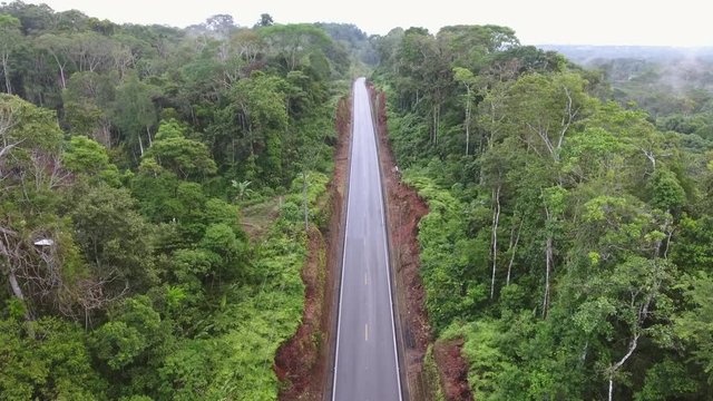 Aerial view of an Amazonian highway in Ecuador. Roads bring colonization and destruction of the rainforest to the Amazon Basin.