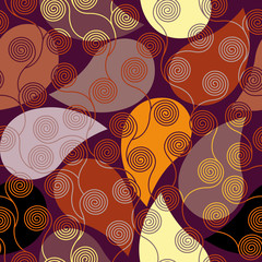Seamless brown patchwork pattern. Curly waves pattern in Art Nouveau style. Vector illustration.