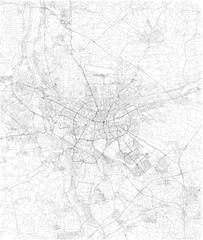 Fototapeta na wymiar Cartina di Norimberga, vista satellitare, mappa in bianco e nero. Stradario e mappa della città. Germania