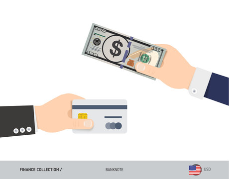 Hand giving dollar 100 US Dollar and credit card instead. Flat style vector illustration. Business finance concept.