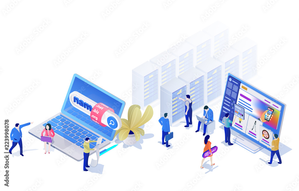 Poster landing pages website template in the modern 3d isometric style. choosing and buying a domain, hosti