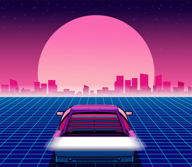 Retro future. 80s style sci-fi background with supercar. Futuristic retro car. Vector retro futuristic synth illustration in 1980s posters style. Suitable for any print design in 80s style