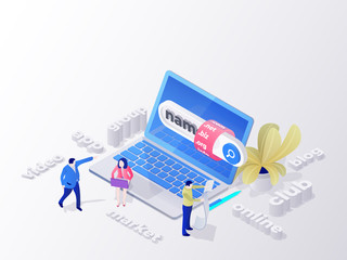 Creating a personal site. Find and buy a domain name. Page design templates for hosting company, digital marketing, business planning. People choose a domain name for the site. Bitmap image
