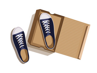 Sneakers in box. Sneakers in a cardboard box. Blue sneakers in box. Blue sneakers in a cardboard box. Flat style. Flat design. Vector illustration Eps10 file