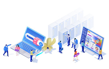 Landing Pages Website Template in the modern 3d isometric style. Choosing and buying a domain, hosting for a site, site builder. People are busy with work. Bitmap illustration