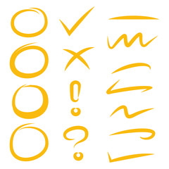 yellow circle markers, check mark and underlines