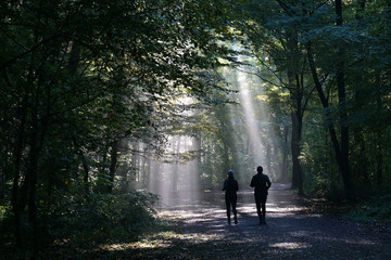 jogging couple silhouetted against sunbeam in dark foggy forest